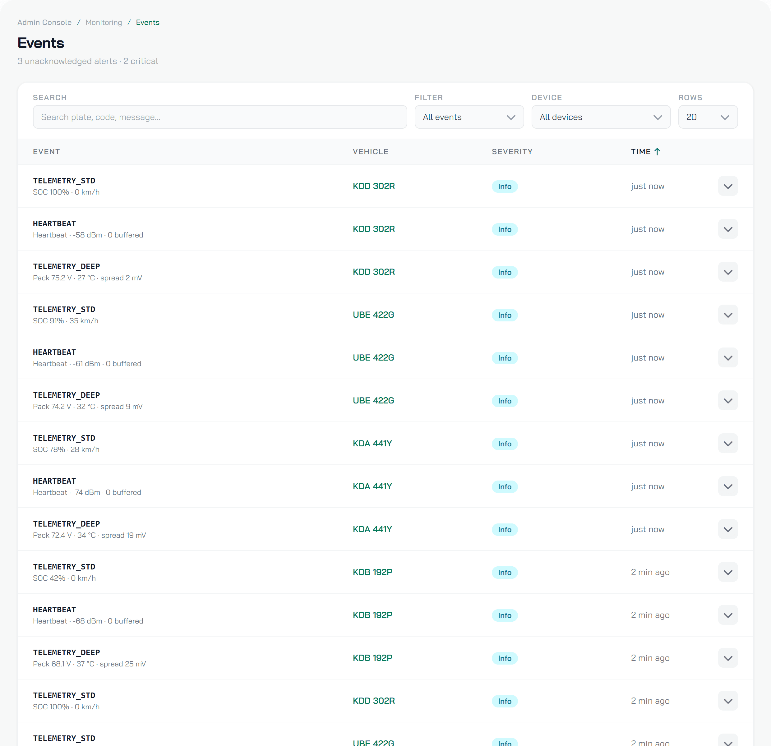 The FLEETNEX events log: device frames with severity, vehicle, time and message