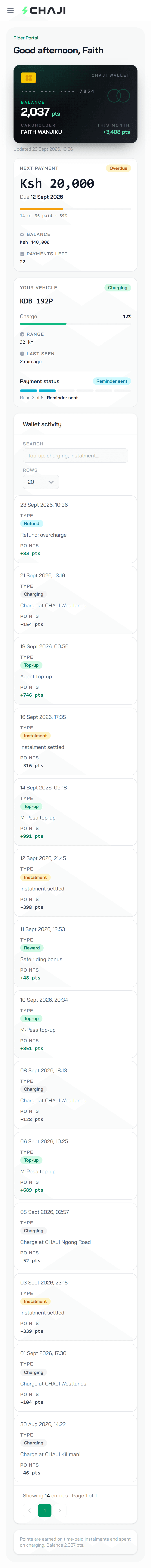 The FLEETNEX rider console on a phone, showing what is owed and when it is due